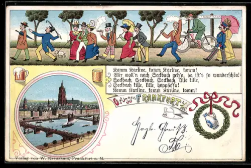 Lithographie Frankfurt, Städter wandern nach Seckbach, Ortsansicht
