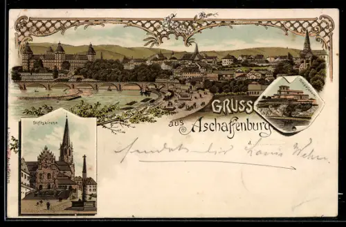 Lithographie Aschaffenburg, Teilansicht, Pompejanum, Stiftskirche