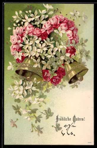 AK Glocken mit Rosen in Herzform, Ostergruss
