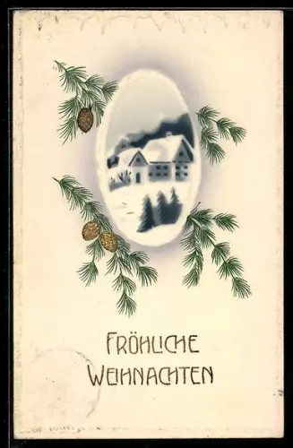 AK Verschneite Ortspartie und Tannzweige, Weihnachtsgruss