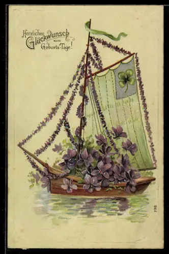 AK Mit Veilchen beladenes Boot, Geburtstagsgruss