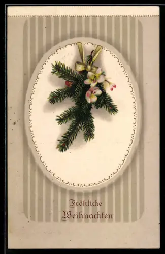 Präge-AK Tannzweig mit Schleife, Weihnachtsgruss