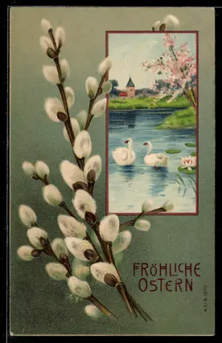 AK Fröhliche Ostern, Schöne Landschaft mit Schwänen
