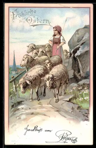 Lithographie Ostern, Frau treibt Schafe vorran