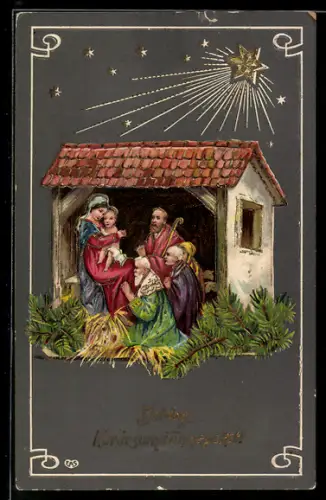 AK Fröhliche Weihnachten, Krippenszene