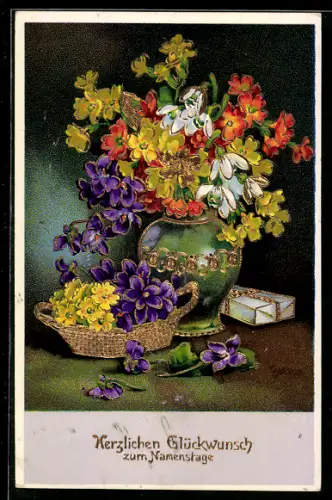 AK Korb und Vase mit Veilchen und anderen Blumen, Namenstagsgruss