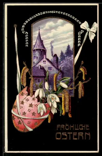 AK Osterei mit Blumen und Ortspartie, Ostergruss