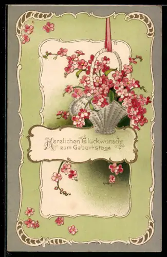 AK Korb voller roter Blumen, Geburtstagsgruss