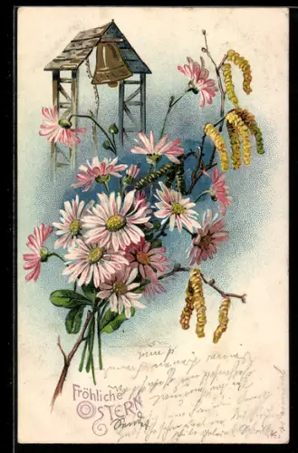AK Blühende Blumen vor einer Glocke, Ostergruss