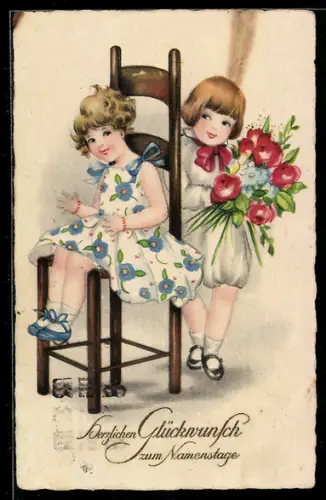 AK Zwei Kinder mit einem Blumenstrauss, Namenstagsgruss