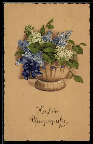 AK Korb voller blauer und weisser Blumen, Pfingstgruss