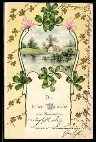 AK Idyllische Ortspartie mit Klee im Passepartout, Namenstagsgruss