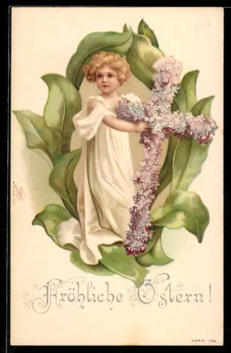 AK Blondes Mädchen hält ein Blumenkreuz