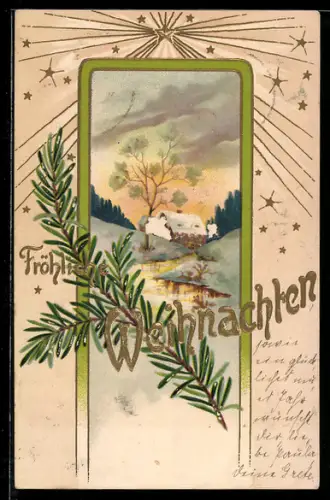 AK Verschneite Ortspartie mit Stern, Weihnachtsgruss