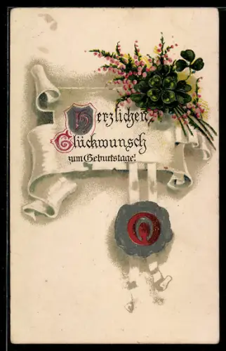 AK Blumen und Siegel, Geburtstagsgruss