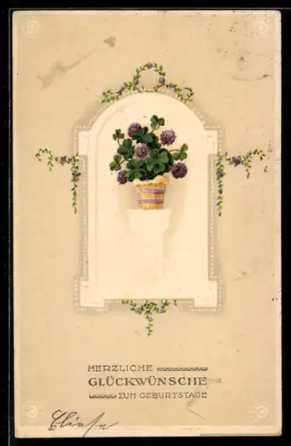 AK Violette Blumen in einem Eimer, Geburtstagsgruss