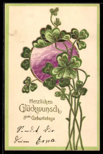AK Klee vor einem violetten Hintergrund, Geburtstagsgruss