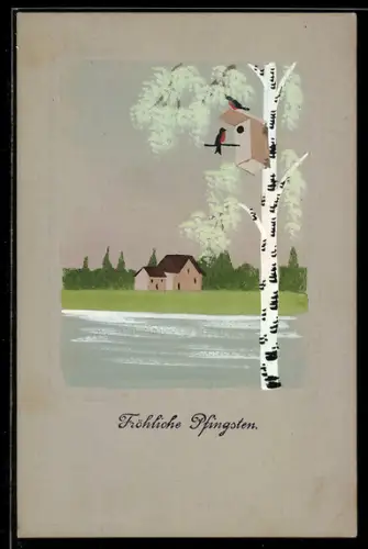 AK Birke mit Vogelhaus, Pfingstgruss