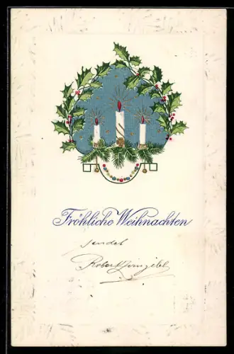 AK Kerzen und Stechpalmenzweige, Weihnachtsgruss