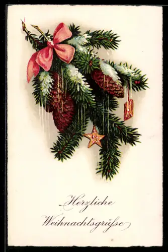 AK Tannzweig mit Zapfen und Schleifen, Weihnachtsgruss