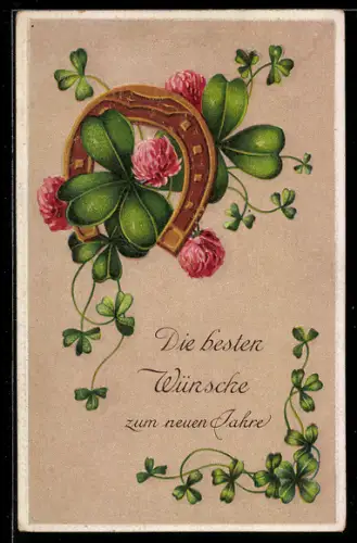 AK Hufeisen und blühender Klee, Neujahrsgruss