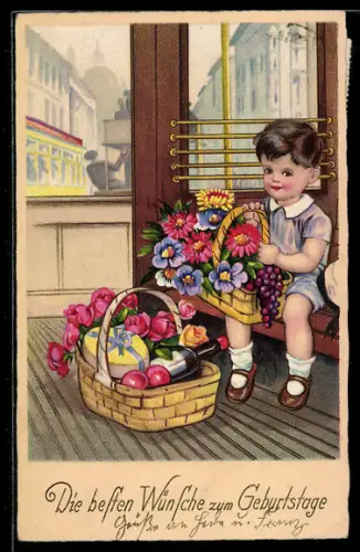 AK Kind mit Körben voller Blumen und Geschenke, Geburtstagsgruss