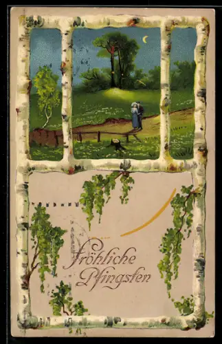 Lithographie junges Paar beim Abendspaziergang im Birken-Passepartout, Fröhliche Pfingsten