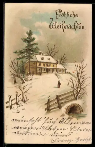 AK Verschneite Ortspartie mit einem Kanal, Weihnachtsgruss