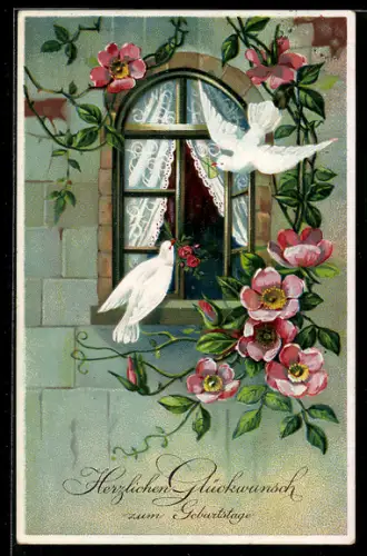 AK Glückwunsch zum Geburtstag, Tauben & Blumenblüten