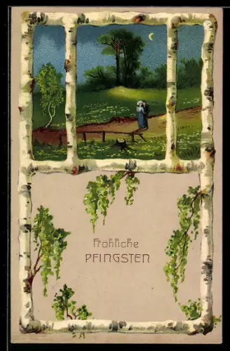 Lithographie junges Paar beim Abendspaziergang im Birken-Passepartout, Fröhliche Pfingsten