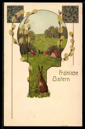 AK Osterhase schaut tanzenden Menschen zu, Weidenkätzchen
