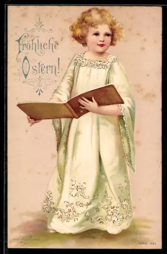 Lithographie Kind in langem Gewand mit Gesangsbuch, Ostern