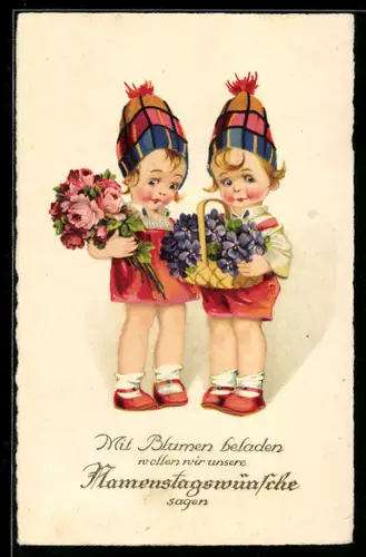 AK Zwei Kinder mit Blumen zum Namenstag