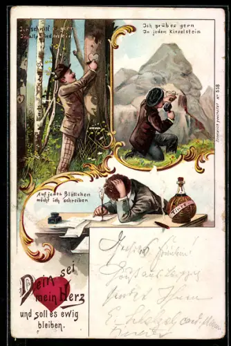 Lithographie Dein sei mein Herz und soll es ewig bleiben, Mann schnitzt Herz in die Baumrinde