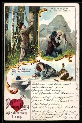 Lithographie Dein sei mein Herz und soll es ewig bleiben, Mann schnitzt Herz in die Baumrinde