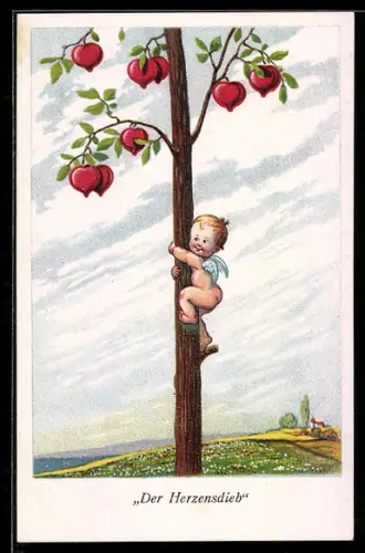 AK Engelchen klettert Baum hinauf, Der Herzensdieb, Herzen