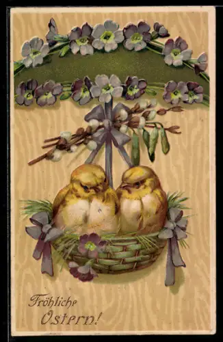 Präge-AK Zwei Osterküken sitzen in einem Körbchen, Buona Pasqua