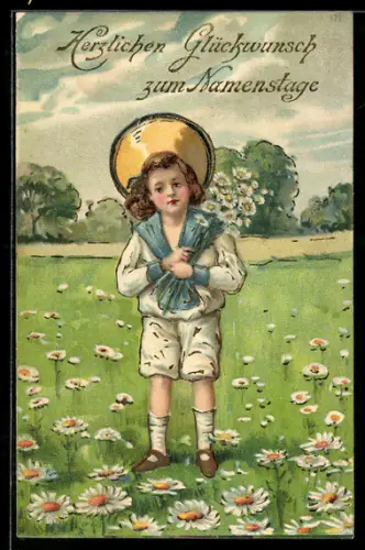 AK Knabe auf Blumenwiese mit Margeriten, Namenstag