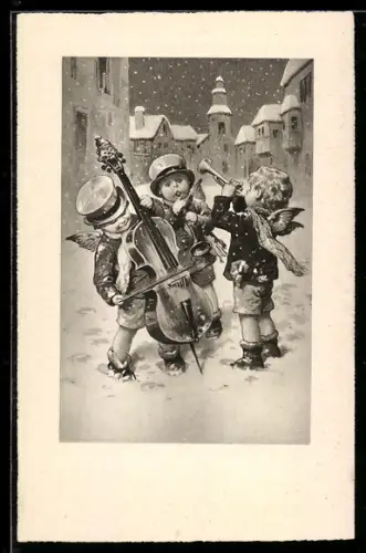 AK Weihnachtsengel musizieren in der Strasse im Schnee