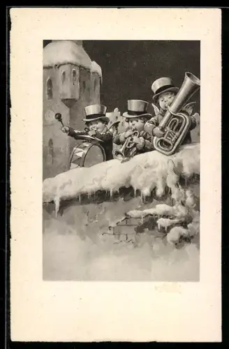AK Drei Weihnachtsengel musizieren im Schnee