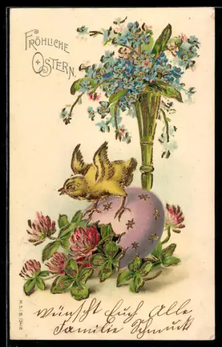 Lithographie Osterküken auf einem Osterei, Vergissmeinnicht und Klee