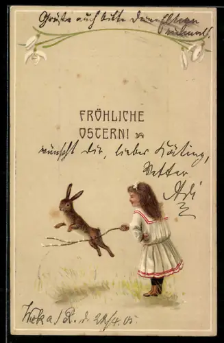 AK Osterhase springt über einen Zweig Weidenkätzchen