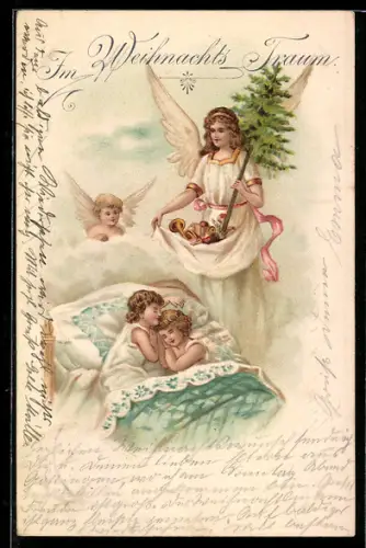 Lithographie Im Weihnachts-Traum, Schlafende Kinder und Weihnachtsengel
