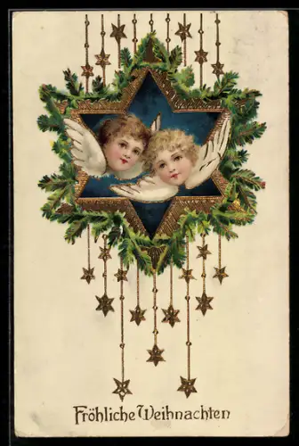 AK Zwei kleine Weihnachtsengel in einem Stern mit Tannenzweigen