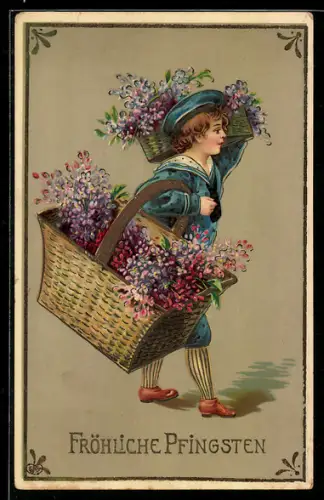 AK Knabe mit grossen Körbern voller Blumen, Pfingsten