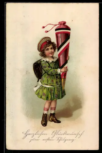 AK Glückwunsch zum ersten Schulgang, Patriotisches Mädchen mit Zuckertüte und Krätzchen