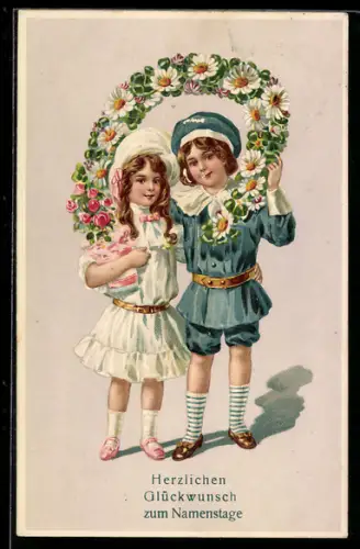 AK Zwei Kinder halten einen Kranz aus Blumen, Namenstag