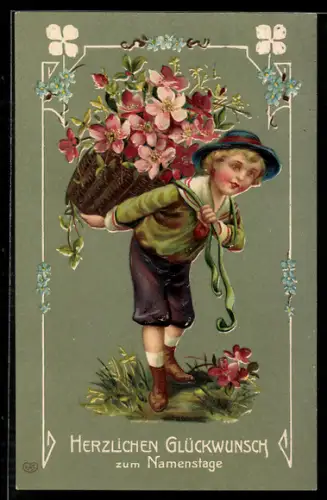 Präge-AK Junge mit Hut trägt Blumenkorb auf dem Rücken, Namenstag