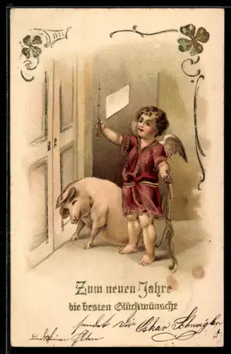 AK Kleiner Neujahrsengel mit Glücksschwein an einer T+r