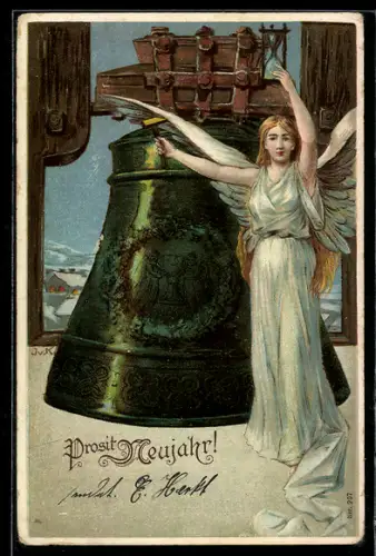 AK Neujahrsengel mit Sanduhr an einer Glocke